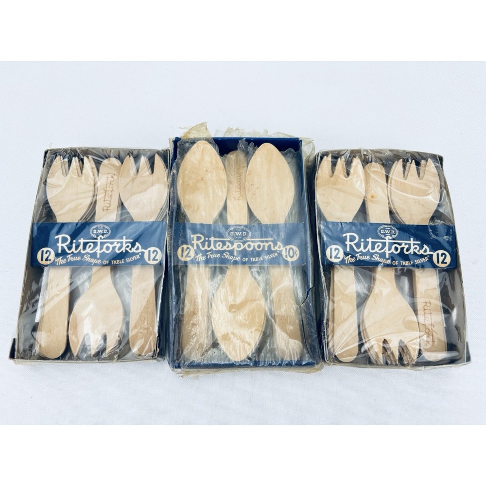 Vintage 1940s OWD Riteforks Ritespoons Wooden Spork Utensils Lot Of 3 MCM